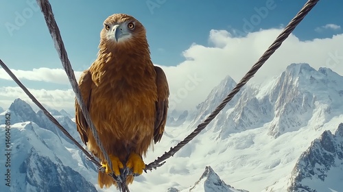 Golden eagle perched on wire in mountains