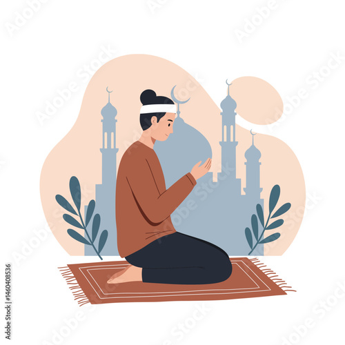 Muslim man praying on prayer rug with mosque silhouette background vector illustration for religious devotion and spiritual practice 
