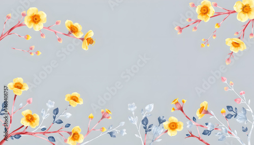 Watercolor painted floral seamless border. Blush pink branches, yellow flowers, dark blue and gray wild moss twigs, leaves, spikelets. Hand drawn template. Watercolour artistic template design, cart