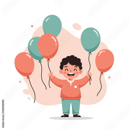Happy child holding colorful balloons in casual clothes joyful celebration vector illustration 