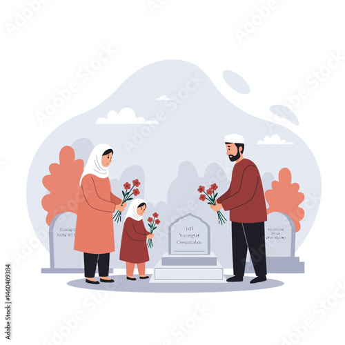 Family paying respects at cemetery grave with flowers in peaceful setting vector illustration 