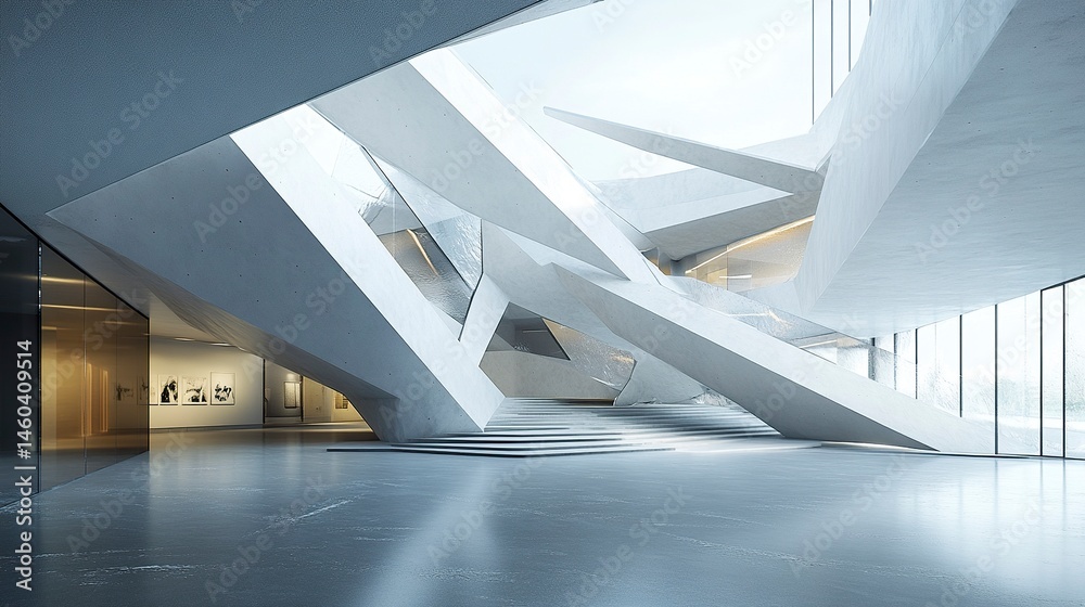 Obraz premium Modern art gallery with angular, fragmented architecture, where bold design meets creative spaces for exhibitions and events. 