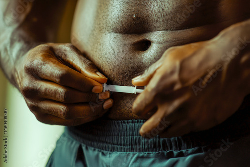 Close-up of a man injecting insulin into his abdomen, a common self-care routine for managing diabetes and blood sugar levels.