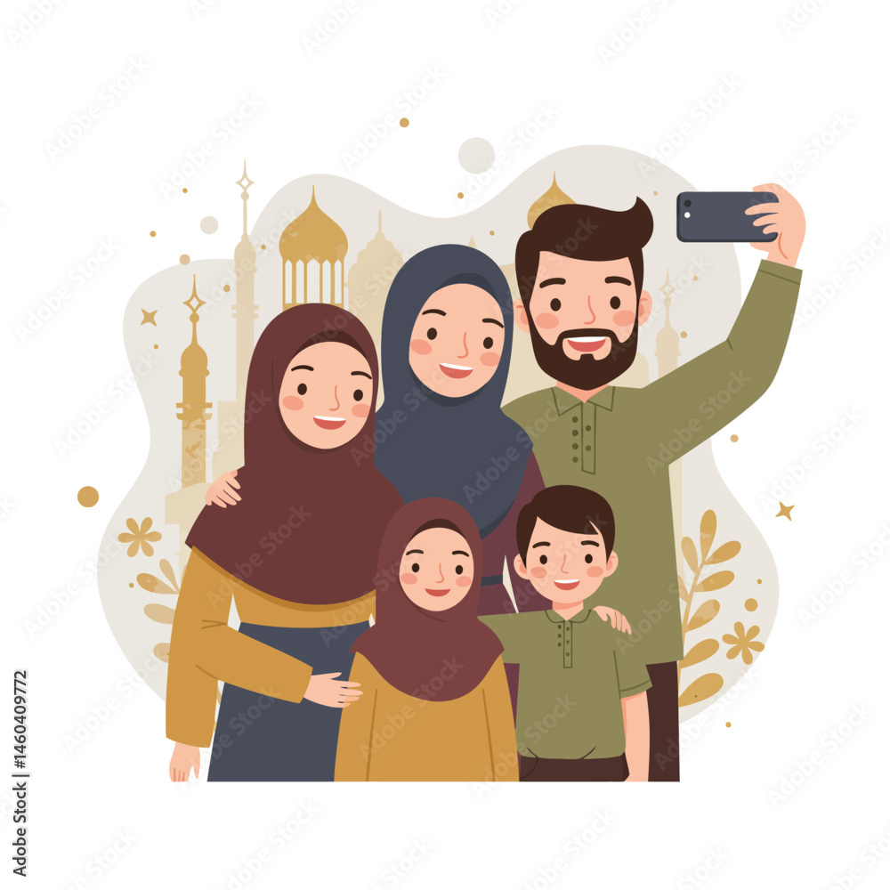 Fototapeta premium Muslim family taking selfie together with mosque background vector illustration in warm tones 