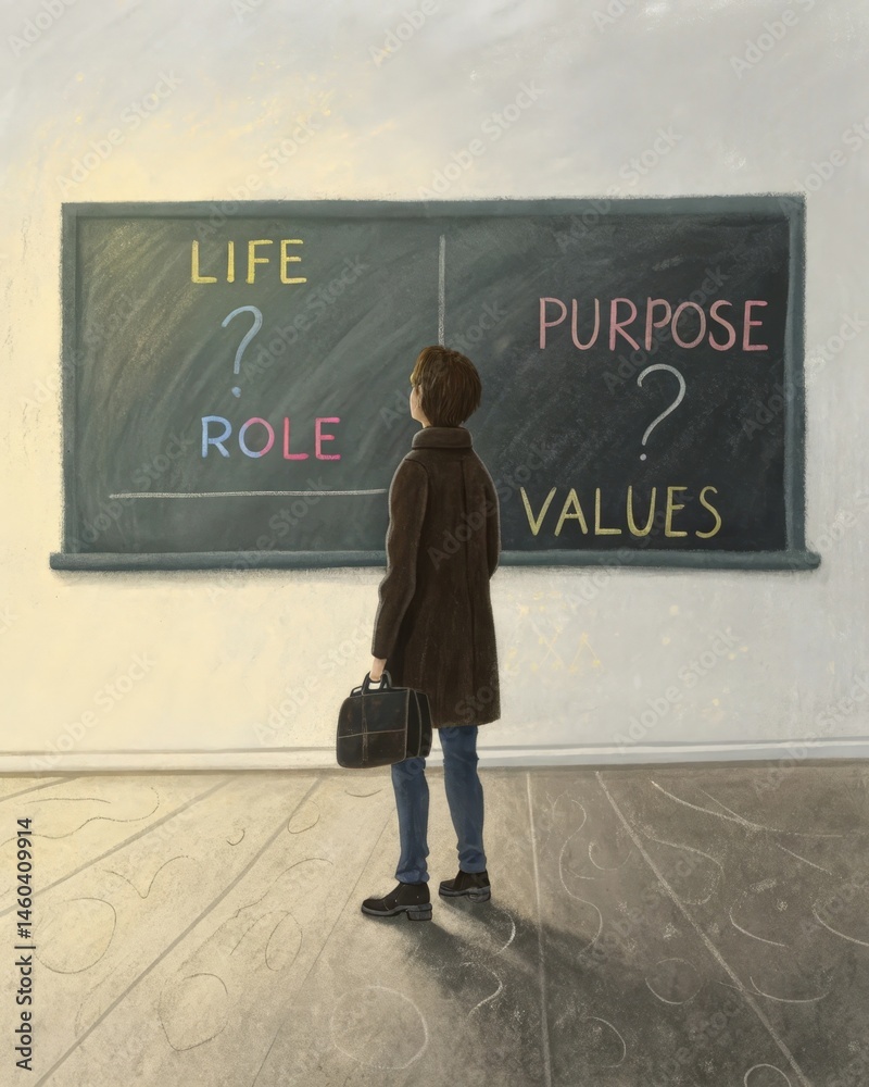 A person in front of a chalkboard filled with questions about life purpose role and values reflecting the quest for meaning during an identity crisis.
