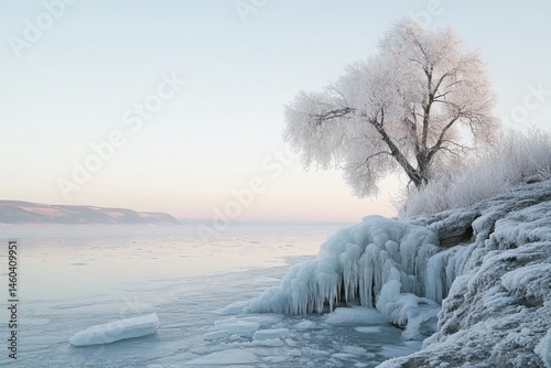 Frozen winter landscape, ice-covered trees and riverbank.  Tranquil, icy morning