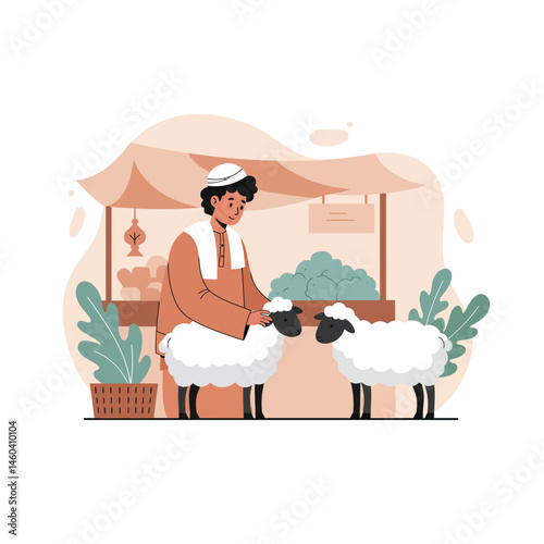 Farmer caring for sheep near farm stall with plants and produce in natural colors vector illustration 