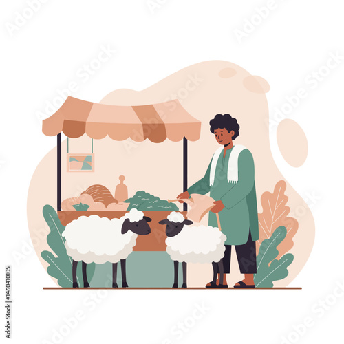 Shepherd feeding sheep at market stall with fresh vegetables in rural farm setting vector illustration 
