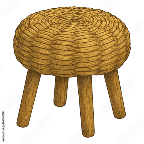 Woven Rattan Stool Vector – Traditional Round Seat with Short Wooden Legs