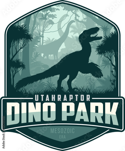 Vector label with utahraptor in jungle