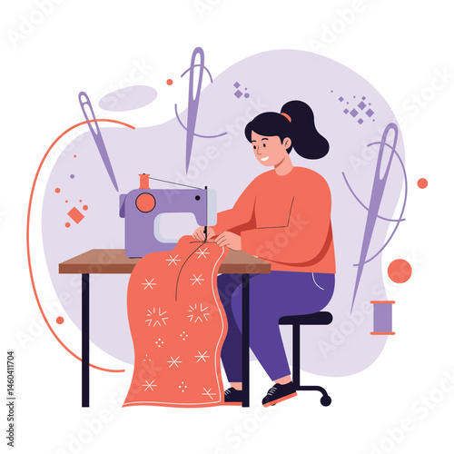 Woman sewing with sewing machine creating fabric textile artwork in creative hobby activity indoors 