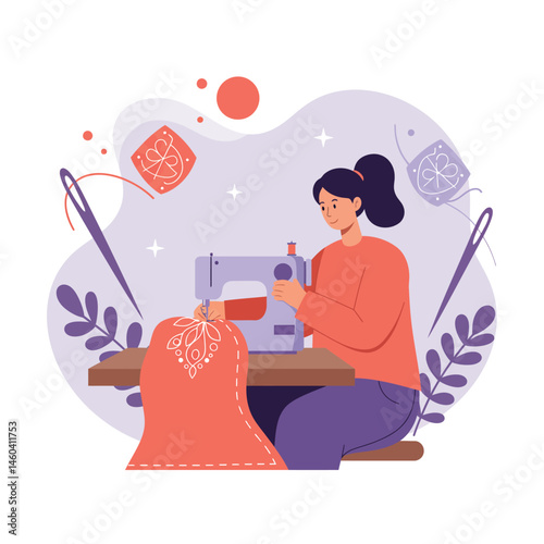 Woman sewing embroidery with sewing machine and colorful thread spools in creative workspace vector illustration 