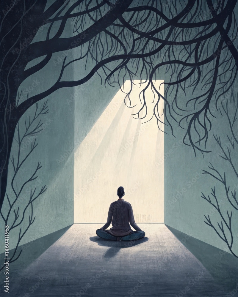 A figure meditating in a dimly lit space with shadowy tendrils creeping in symbolizing the need for mindfulness and acceptance of all aspects of self.