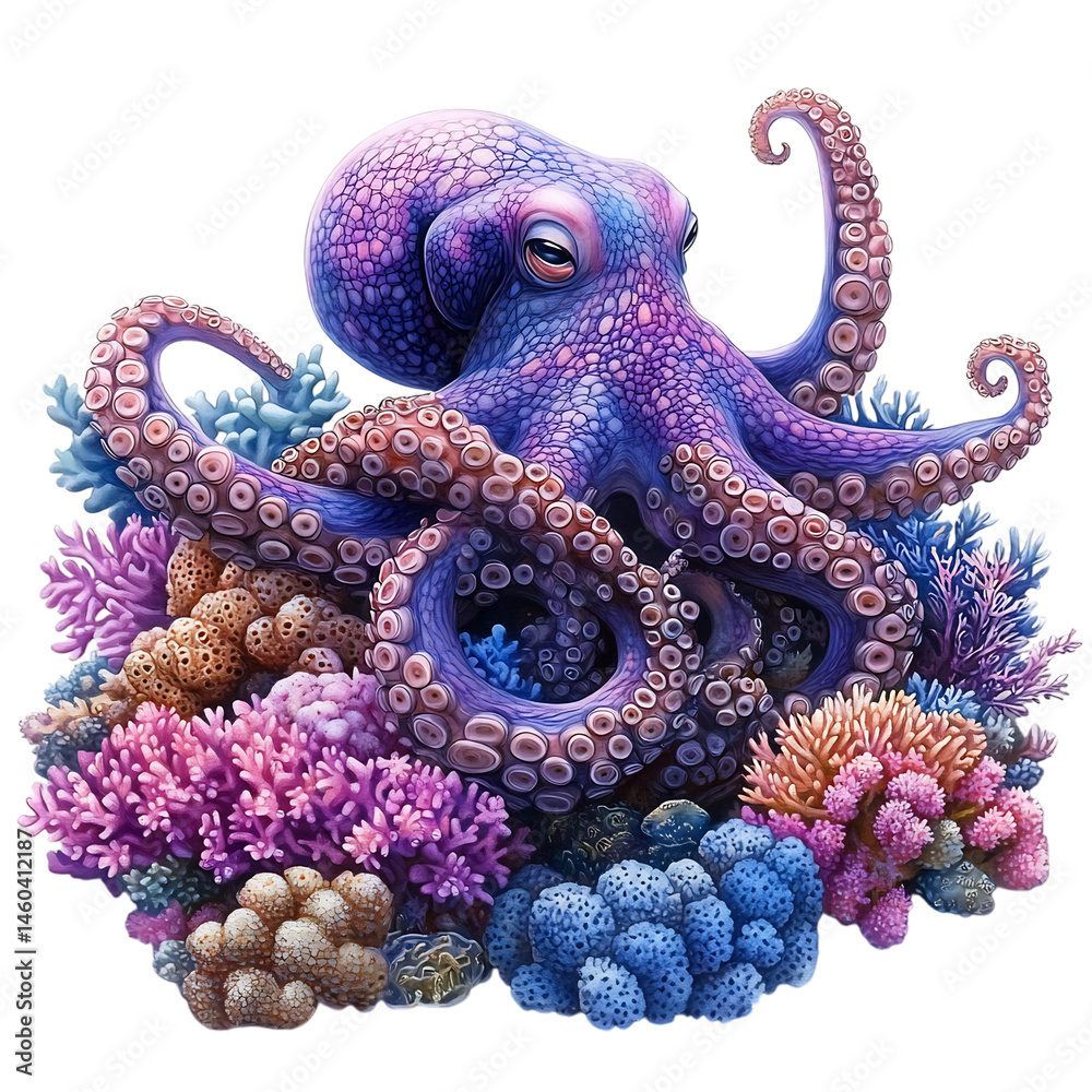 Fototapeta premium Cartoon Octopus Hiding Among Corals Isolated on Transparent Background