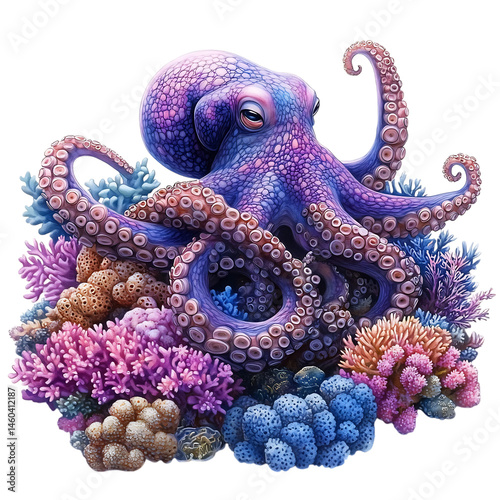 Cartoon Octopus Hiding Among Corals Isolated on Transparent Background