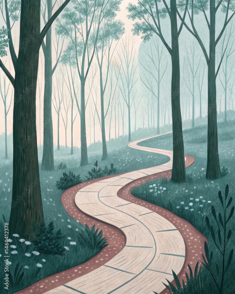 A winding path through a serene forest symbolizing the gradual progression of selfdiscovery with each step marked by moments of reflection and personal growth.