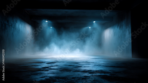 The concrete floor and studio room with smoke float up the interior texture for display products dark street, asphalt abstract dark blue background