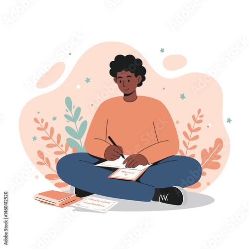 Young man sitting cross-legged writing notes with books and papers around calm flat vector illustration 