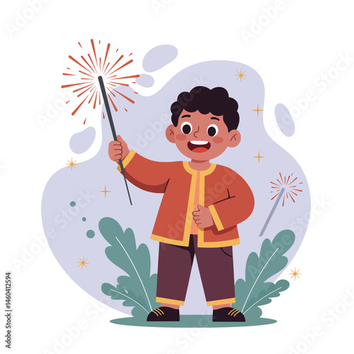 Child holding sparkler celebrating with fireworks joyful festive illustration in colorful clothes 