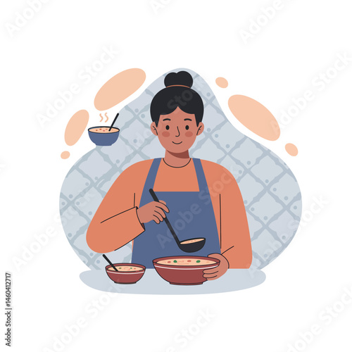 Woman cooking soup in kitchen wearing apron preparing food with ladle vector illustration 