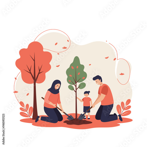 Family planting tree together in autumn season with orange and green colors vector illustration for environmental care and nature conservation 