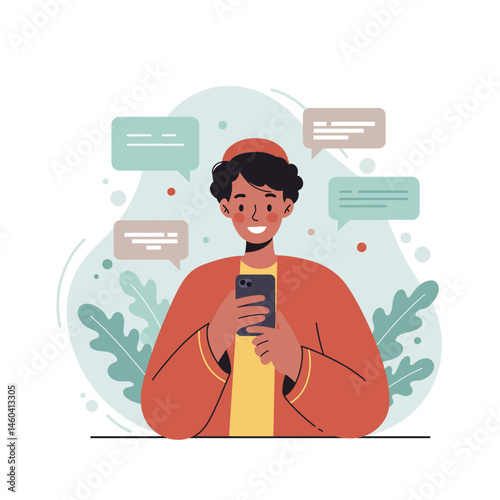 Young man holding smartphone surrounded by chat bubbles and social media messages vector illustration 