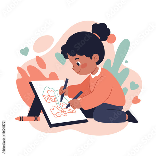 Child girl drawing and coloring on paper with crayons and markers in cozy indoor setting with heart shapes and pastel colors vector illustration 