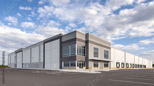 Modern industrial warehouse distribution building and parking lot under beautiful cloudy sky