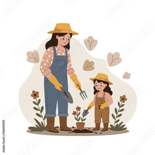 Mother and daughter gardening together planting flowers in garden with tools and hats illustration 