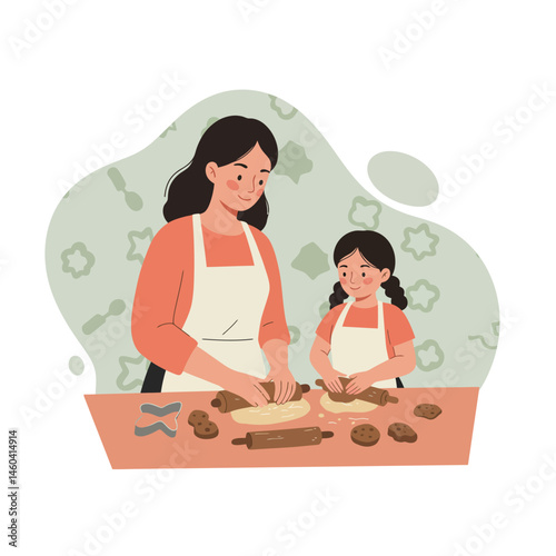 Mother and daughter baking cookies together in kitchen with rolling pin and cookie cutters vector illustration 