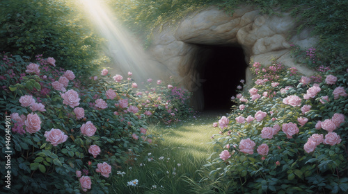 Tranquil garden illuminated by light, blooming pink roses near cave  
