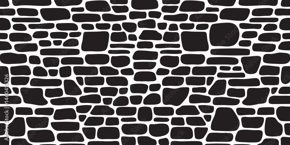 Minimalist black and white seamless stone wall pattern with varied geometric shapes—rectangles, rounded, irregular. Flat graphic design, uniform lighting, bold 2D texture. Ideal for backgrounds