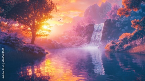 Enchanting twilight scenery with waterfall reflecting the radiant horizon