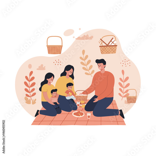 Family enjoying outdoor picnic with parents and children sitting on blanket in warm autumn colors vector illustration 