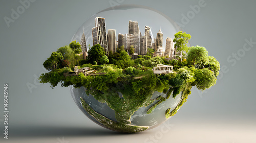 Fototapeta Naklejka Na Ścianę i Meble -  Crystal earth planet green forest city, environmental, and sustainability bio circular green economy concept