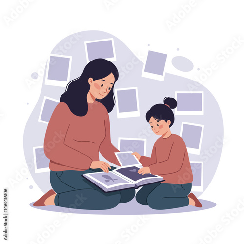Mother and daughter looking at photo album sharing memories and bonding moment vector illustration 