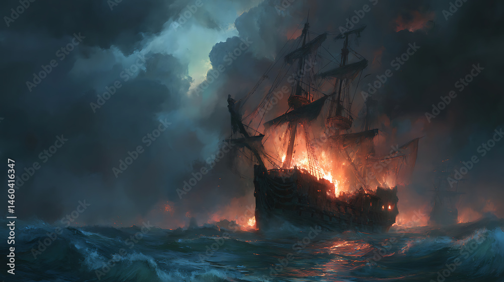Fototapeta premium Wrecked, destroyed pirate ship in the ocean, storm, burning, waves, dark sombre digital painting, artwork