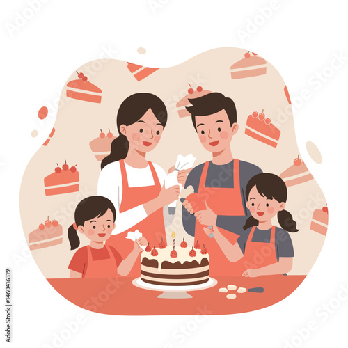Family decorating birthday cake together enjoying celebration with children and parents in kitchen vector illustration 