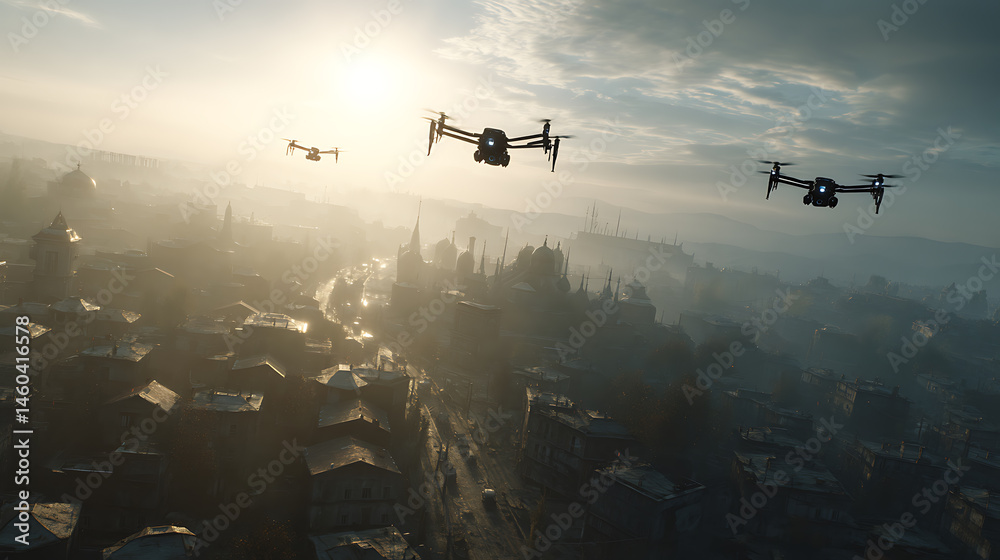 Naklejka premium Three black drones fly over the town in the morning sunlight