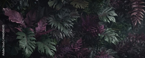 Intricate dark foliage, deep green and purple exotic leaves , dark green, tropical