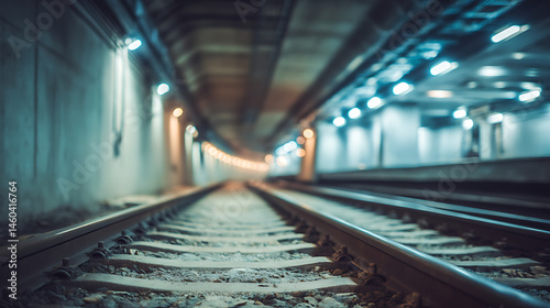 Subway underground tunnel with blurry rail tracks in metro gallery, concept of public transport