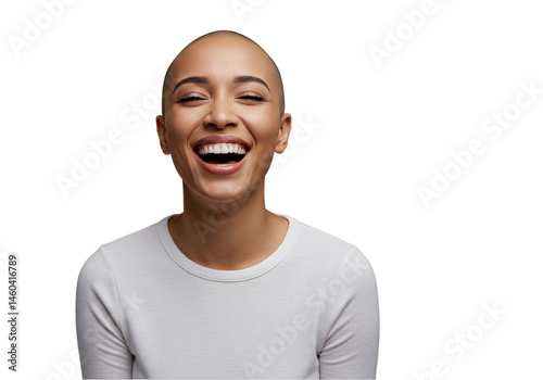 Joyful Bald Woman Laughing Heartily Isolated on White