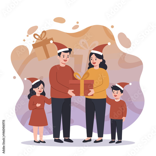 Family celebrating Christmas exchanging gifts in festive red and brown clothing wearing Santa hats vector illustration 