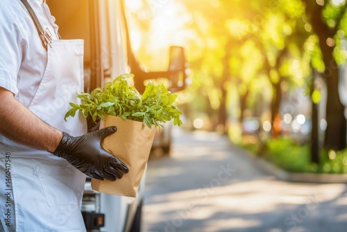 Inspection of a food delivery truck for cleanliness in urban setting during daylight highlighting hygiene practices and fresh produce handling
