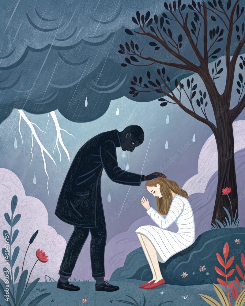 During a moment of weakness one person struggles with feelings of inadequacy as a negative voice emphasizes failure while a nurturing inner companion offers compassion and
