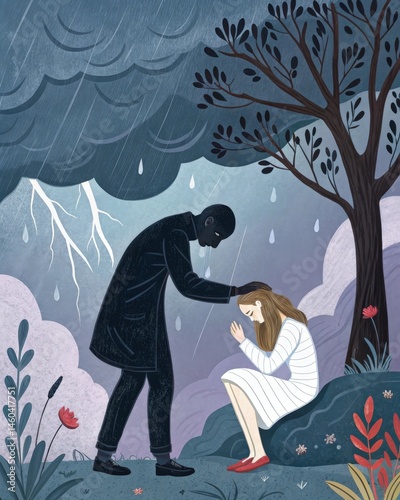 Obraz na płótnie During a moment of weakness one person struggles with feelings of inadequacy as a negative voice emphasizes failure while a nurturing inner companion offers compassion and w salonie