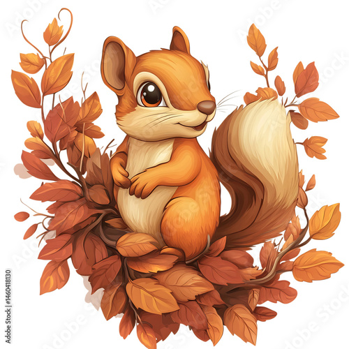 Cartoon Squirrel Sitting on Tree Branch Isolated on Transparent Background