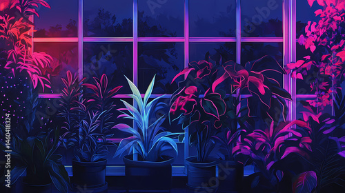 Neon greenhouse plants, futuristic botany - neon lighting. [Neon Botany] | Binary Bloom | coded bud. Illustration