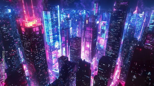 Radiant New York skyscrapers at night, illuminated office windows creating a dazzling urban scene full of life and vibrancy. 