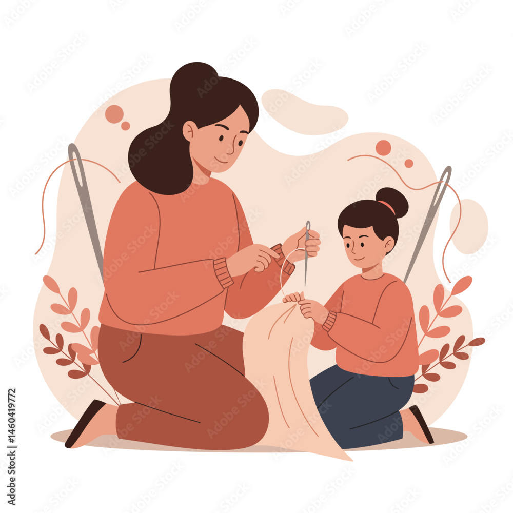 Obraz premium Mother and daughter knitting together in warm brown and beige tones lifestyle vector illustration for family bonding activity 